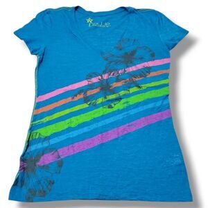 Nollie Top Size Large Y2k Style Burnout V-Neck Graphic Print T-Shirt Surfer Girl